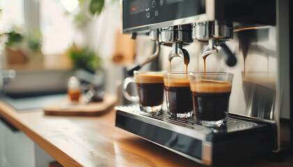 Modern coffee machine with glasses of hot espresso on table in kitchen