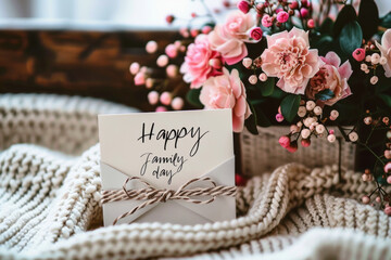 A card that says "Happy family day" on a background of pink flowers and a cozy knit fabric