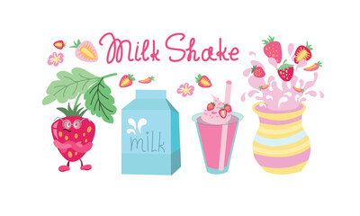 Milkshake set. Stawberry milk coctails flat style with berries. Summer Vector illustration. Hand drawn elements with lettering. Isolated collection of stickers on white background for your design.
