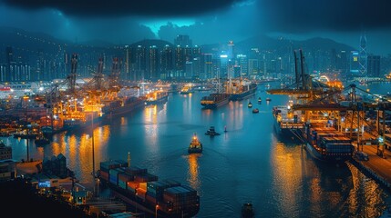 Nighttime View of Illuminated Port City. An illuminated port city at night, featuring densely packed docks and city lights reflecting on water. - obrazy, fototapety, plakaty