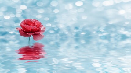  A solitary red blossom floating atop a tranquil body of water, its surface gently peppered with beading droplets