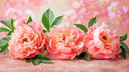   Three pink peonies with green leaves on a pink tablecloth Behind them, a pink floral wallpaper