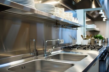 Modern restaurant kitchen interior with washbasin and stove
