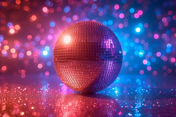 Obraz premium Disco ball is sitting on a shiny surface with a lot of sparkles. Scene is fun and energetic