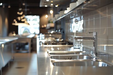 Modern restaurant kitchen interior with washbasin and stove