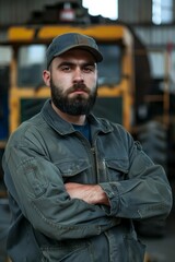 Focused worker with beard in mechanic shop