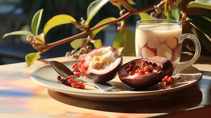 A mangosteen slice placed on a tropical plate, with a few mangosteen seeds nearby, and a sprinkle of sugar on top, on a sunny outdoor table.