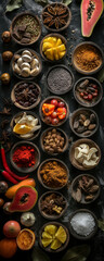 Colorful Array of Spices and Ingredients in Artistic Top View