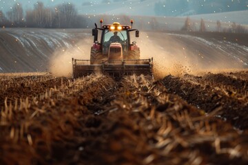 Tractor machine with plow in action, turning the soil.
