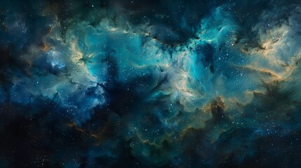 An abstract portrayal of cosmic nebulae in hues of blue and green. This digital artwork captures the mystical essence of the universe, perfect for wallpaper or print