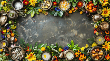 A table with many bowls of food and flowers. The bowls are of different sizes and colors. The flowers are in various shapes and sizes, and they are scattered around the table