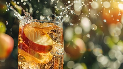 Apple slice splashing in cider glass with bokeh lights. Refreshing beverage concept. Design for poster and advertising