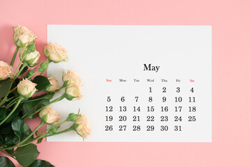 Flat lay of May 2024 paper desk calendar, top view. Pink pale cream rose flowers on pastel pink background.