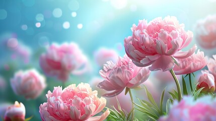 A delicate backdrop of blurred lights enhances the beauty of blooming pink peonies, symbolizing the arrival of spring