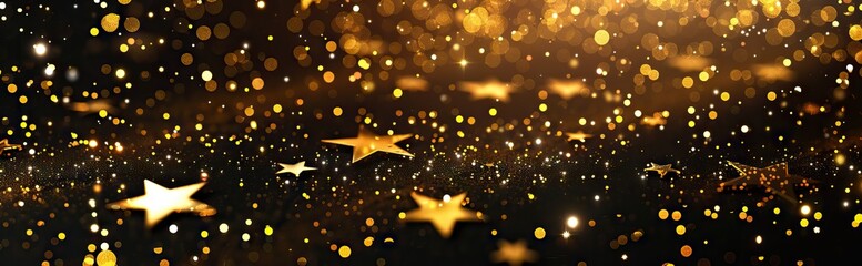 Obraz premium Golden Stars Brown Background. Shiny Festive Snow Wallpaper. Bokeh Dots Texture. AI generated illustration