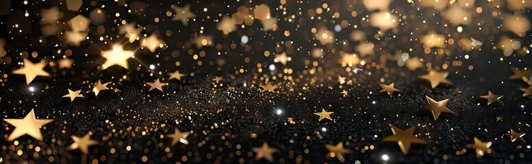 Golden Stars Brown Background. Shiny Festive Snow Wallpaper. Bokeh Dots Texture. AI generated illustration