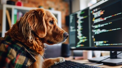 Golden Retriever wearing plaid shirt looking at computer screens with code. Creative coding concept