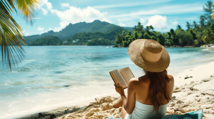 A woman in a sun hat reading a book on a tropical beach