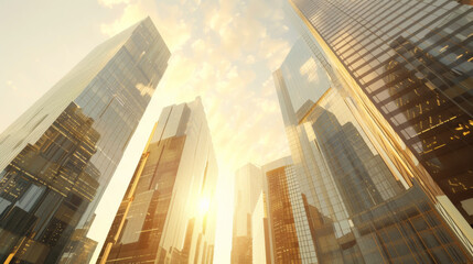 Modern city with glass skyscrapers. Bottom view of the metropolis. Modern city concept.