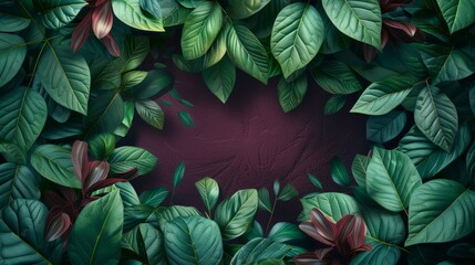 Fototapeta premium Stunning display of dense tropical foliage with vibrant green leaves and exotic dark red flowers, ideal for lush, natural backgrounds or environmental themes.