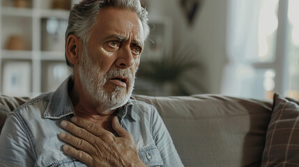 An elderly man 65 years old sits at home alone and holds his hand on his chest from heart pain or stress, a man suffers from heart or chest pain