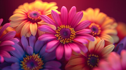 pink and yellow centers, encircled by purple and yellow petals against a deep red backdrop