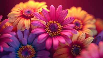 Fototapeta premium pink and yellow centers, encircled by purple and yellow petals against a deep red backdrop
