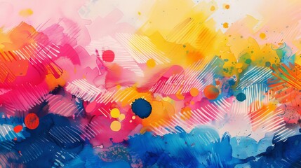 Colorful watercolor painting with a pink, blue, and yellow color scheme.