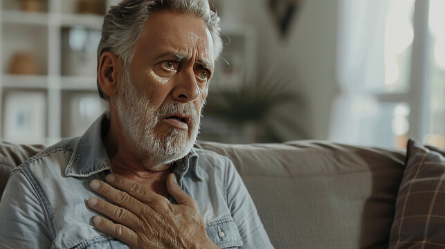 An Elderly Man 65 Years Old Sits At Home Alone And Holds His Hand On His Chest From Heart Pain Or Stress, A Man Suffers From Heart Or Chest Pain