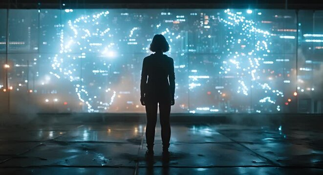 A person next to a digital twin on a large futuristic screen. Concept Technology, Futuristic, Digital Twin, Innovation, Screen Display