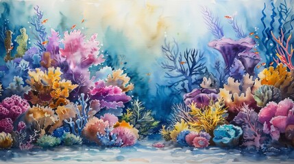 A watercolor painting of a coral reef with many different types of coral and fish.