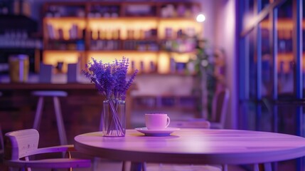 Cozy Evening at a Modern Cafe with Lavender Decor