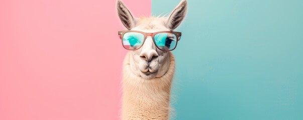 Naklejka premium Llama with blue and pink sunglasses on gradient background. Studio animal portrait. Fun and playful concept