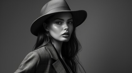 Elegant Woman in Stylish Hat and Chic Blazer Monochrome Portrait