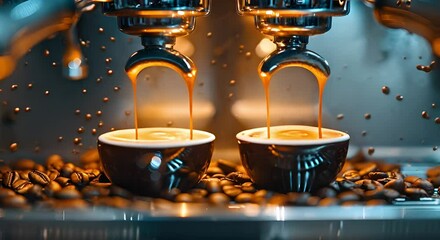Espresso shots being pulled into cups surrounded by coffee beans and machine. Concept Coffee Photography, Espresso Shots, Coffee Beans, Coffee Machine, Coffee Aesthetics