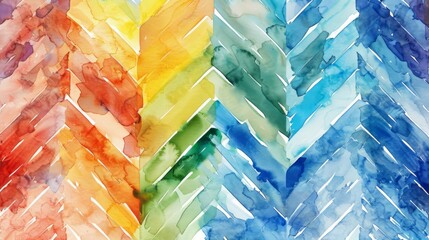 A watercolor painting with a herringbone pattern in rainbow colors.