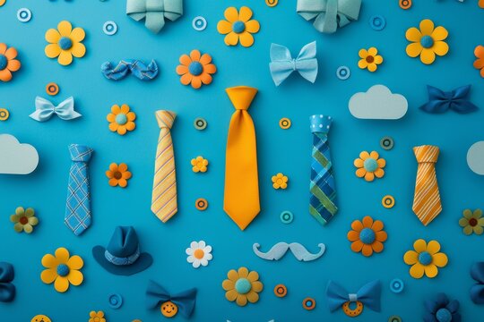 A blue background with a variety of ties and flowers. 