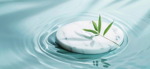 Top view of marble podium stand in swimming pool water with palm shadow. Summer tropical background for luxury product placement. AI generated illustration