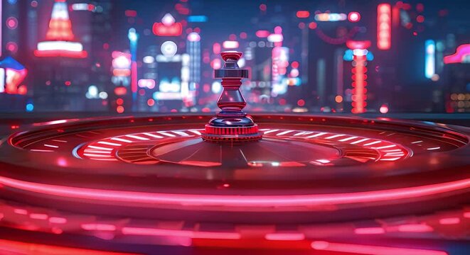 A red glowing wheel of chance in a dark city skyline. Concept Dark City Skyline, Glowing Wheel, Red Aesthetic, Urban Setting, Night Photography
