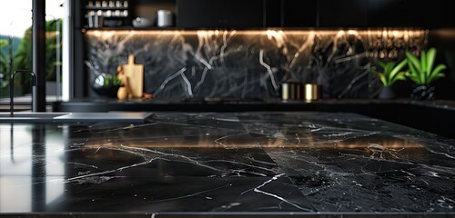 Black marble bar counter top with blank space product mockup. on dark blurred background of restaurant or bar. Blurred lights in background. product placement. AI generated illustration