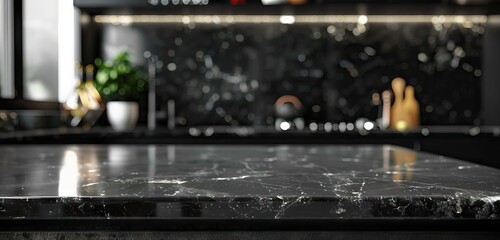 Black marble bar counter top with blank space product mockup. on dark blurred background of restaurant or bar. Blurred lights in background. product placement. AI generated illustration