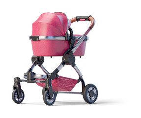 Red leather baby stroller on transparent background. 3D render back left view