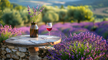 vase with lavender and glass of wine served on vintage table in lavender field.