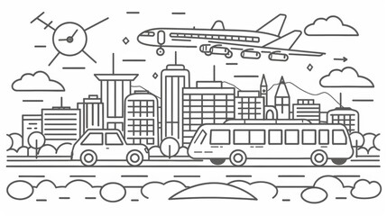 Line art illustrations of different modes of transportation, such as planes, trains, and automobiles.