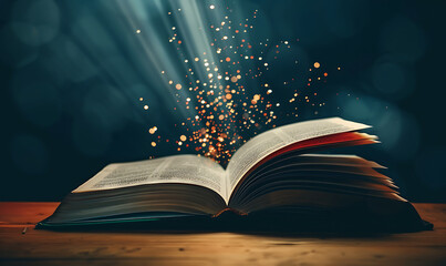 An open book with pages turning, casting sparkles of light on the table below it, symbolizing...