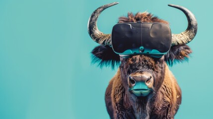 Yak wearing a VR headset on a teal background. Studio animal portrait.