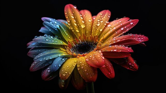A rainbow gerbera flower with water droplets on its petals.