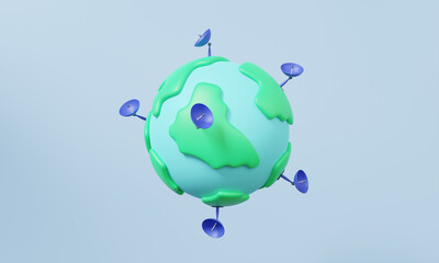 Earth with Satellite dishes military radar antenna astronomical telescope satellite signal receiver concept. universe research, banner, on isolated sky blue background. 3d render illustration elements