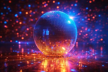 Disco ball on a dark blue and red background with lot of sparkles and lights, creating a fun and festive atmosphere