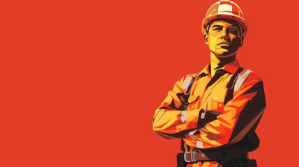 Portrait of a construction worker in orange safety gear on red background. Bold vector illustration.